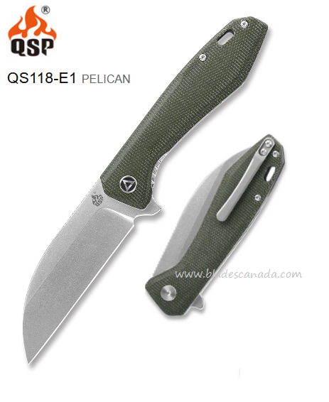 QSP Pelican Flipper Folding Knife, S35VN SW, Micarta Green, QS118-E1